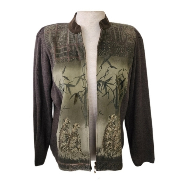 American Vintage Cheetah Print Knit Jacket Green Size L - Picture 2 of 13